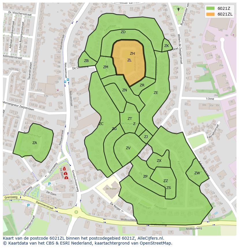 Afbeelding van het postcodegebied 6021 ZL op de kaart.