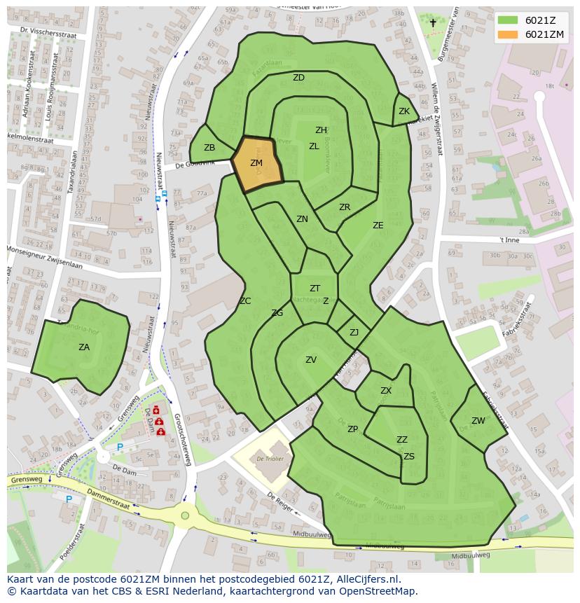 Afbeelding van het postcodegebied 6021 ZM op de kaart.