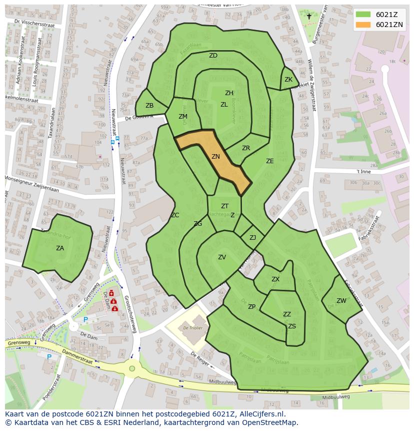 Afbeelding van het postcodegebied 6021 ZN op de kaart.