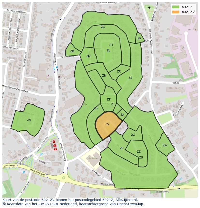 Afbeelding van het postcodegebied 6021 ZV op de kaart.