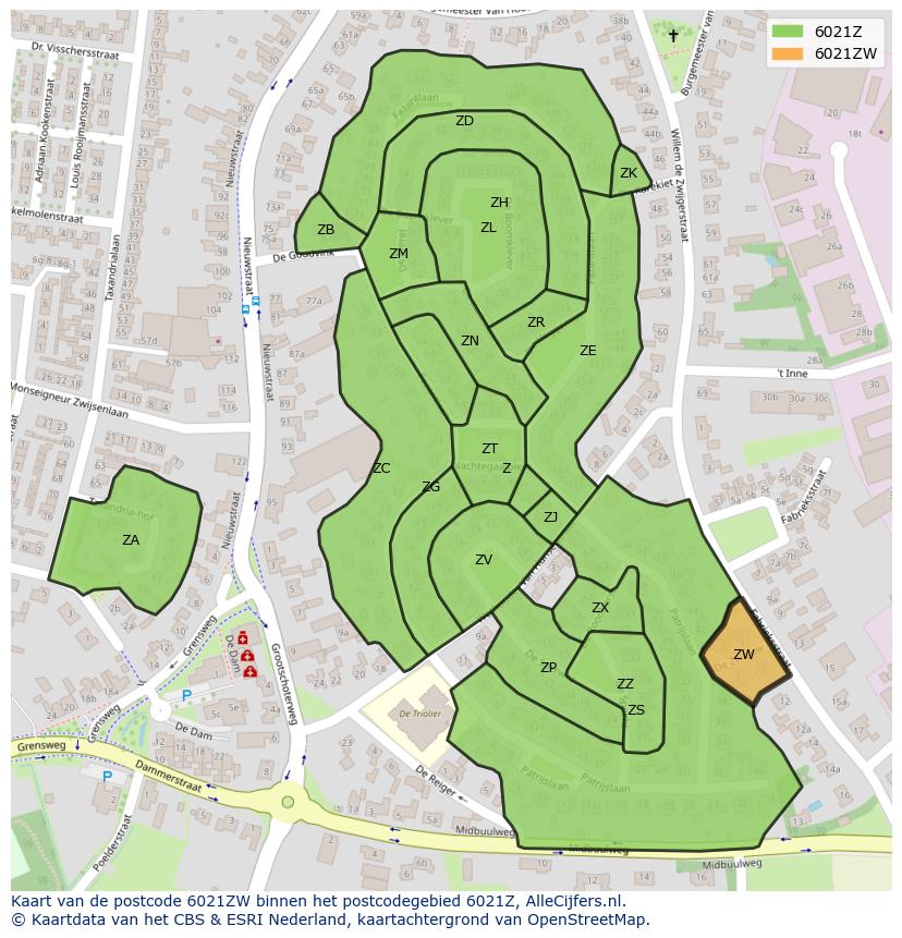 Afbeelding van het postcodegebied 6021 ZW op de kaart.
