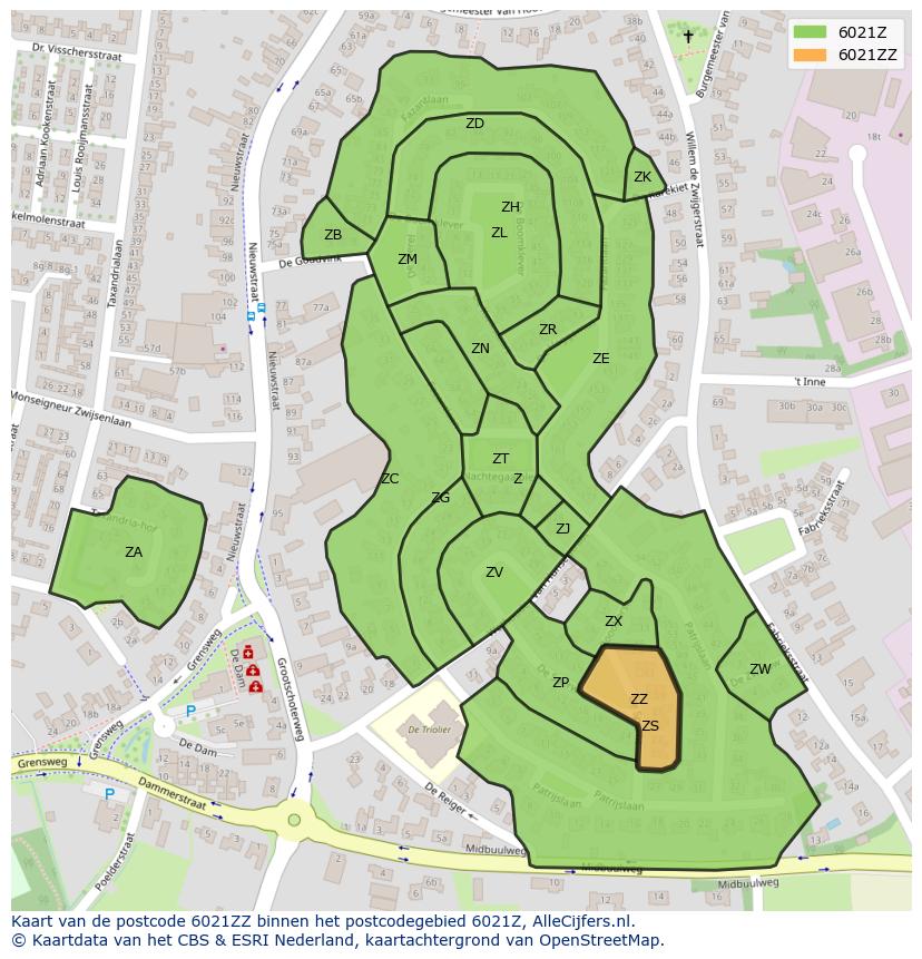 Afbeelding van het postcodegebied 6021 ZZ op de kaart.