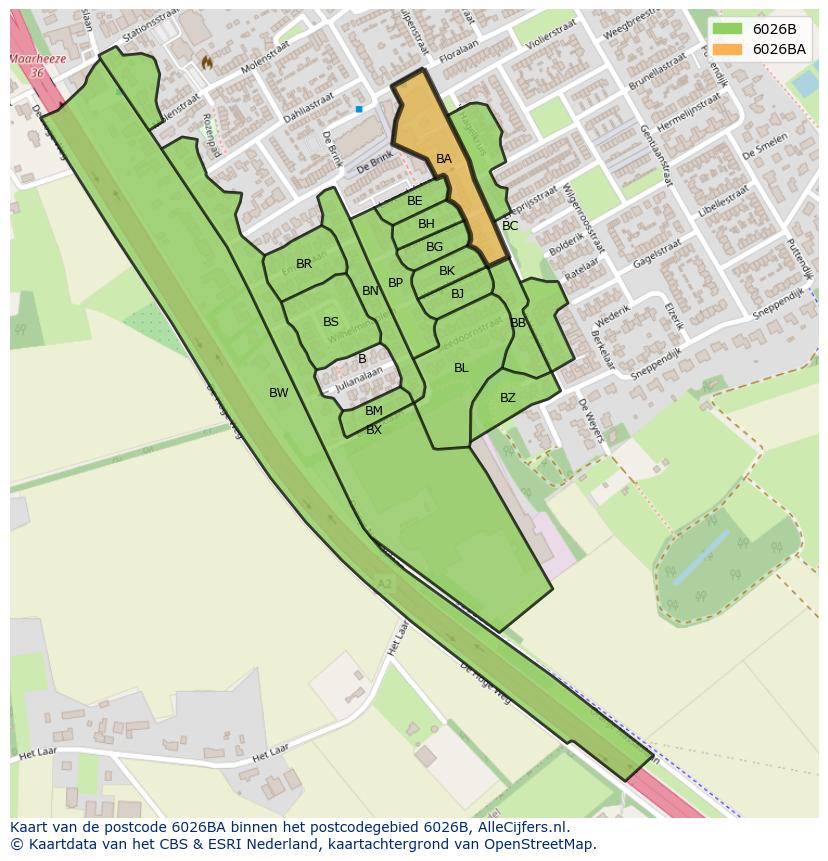 Afbeelding van het postcodegebied 6026 BA op de kaart.