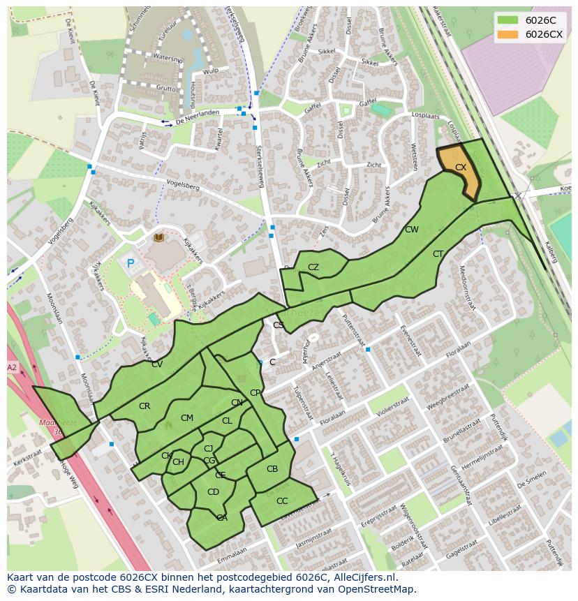 Afbeelding van het postcodegebied 6026 CX op de kaart.