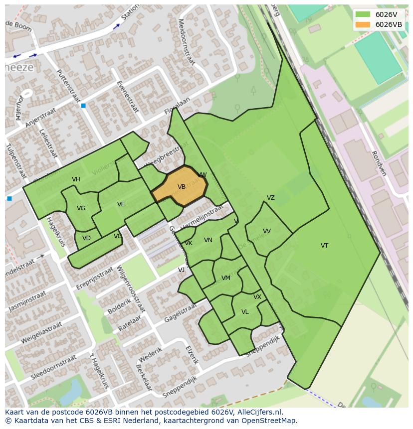 Afbeelding van het postcodegebied 6026 VB op de kaart.