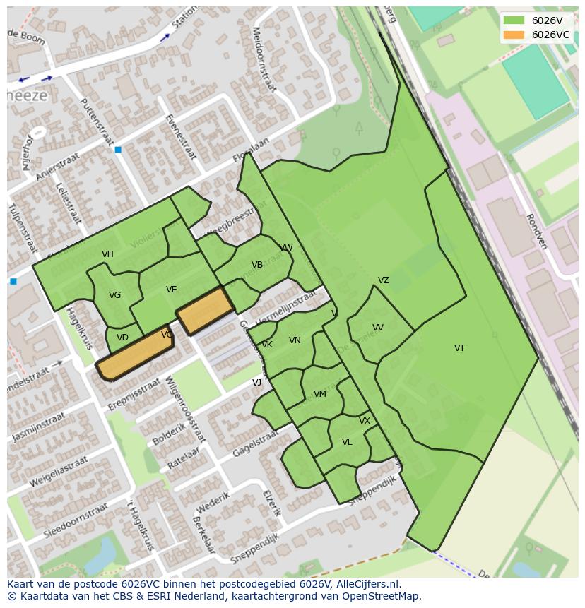 Afbeelding van het postcodegebied 6026 VC op de kaart.