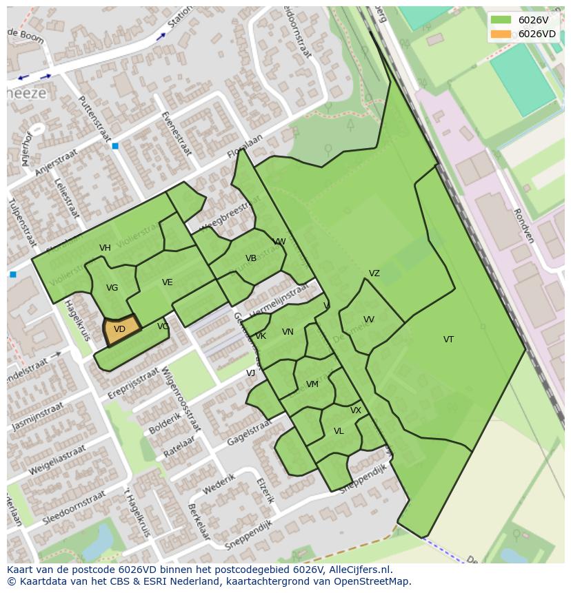 Afbeelding van het postcodegebied 6026 VD op de kaart.