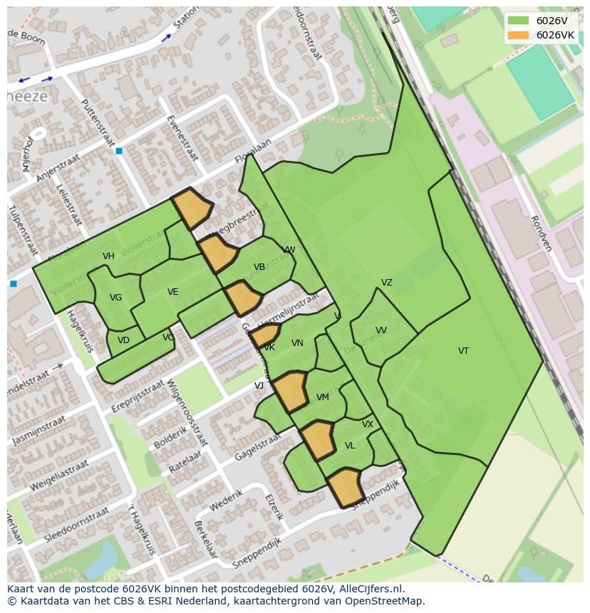 Afbeelding van het postcodegebied 6026 VK op de kaart.