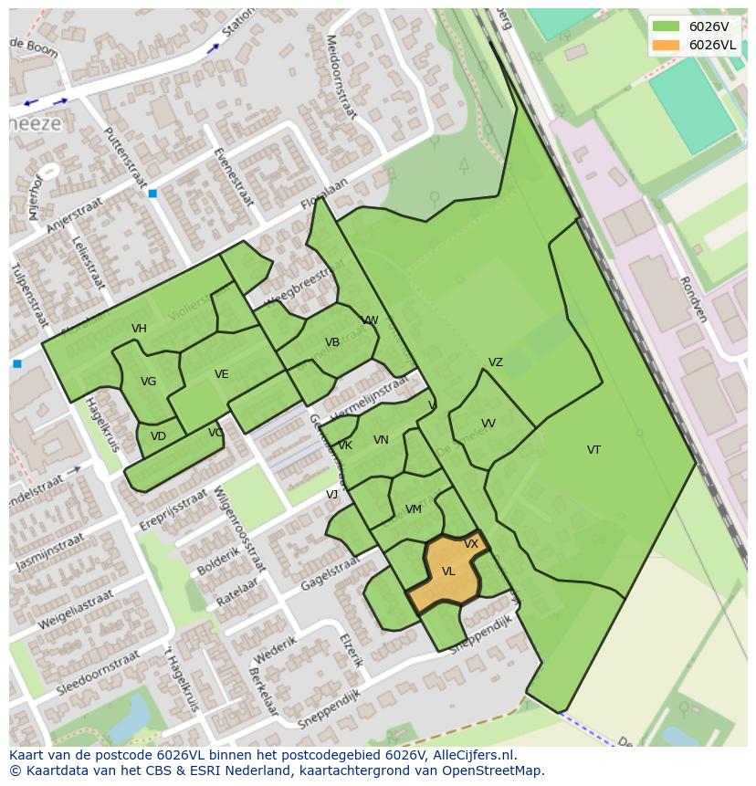 Afbeelding van het postcodegebied 6026 VL op de kaart.