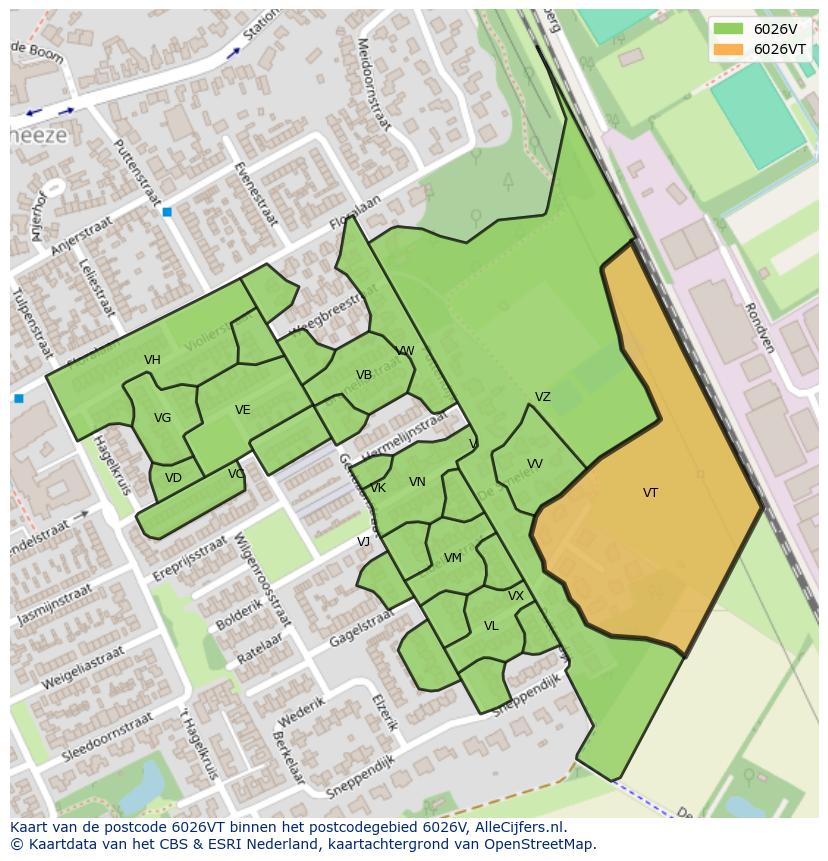 Afbeelding van het postcodegebied 6026 VT op de kaart.