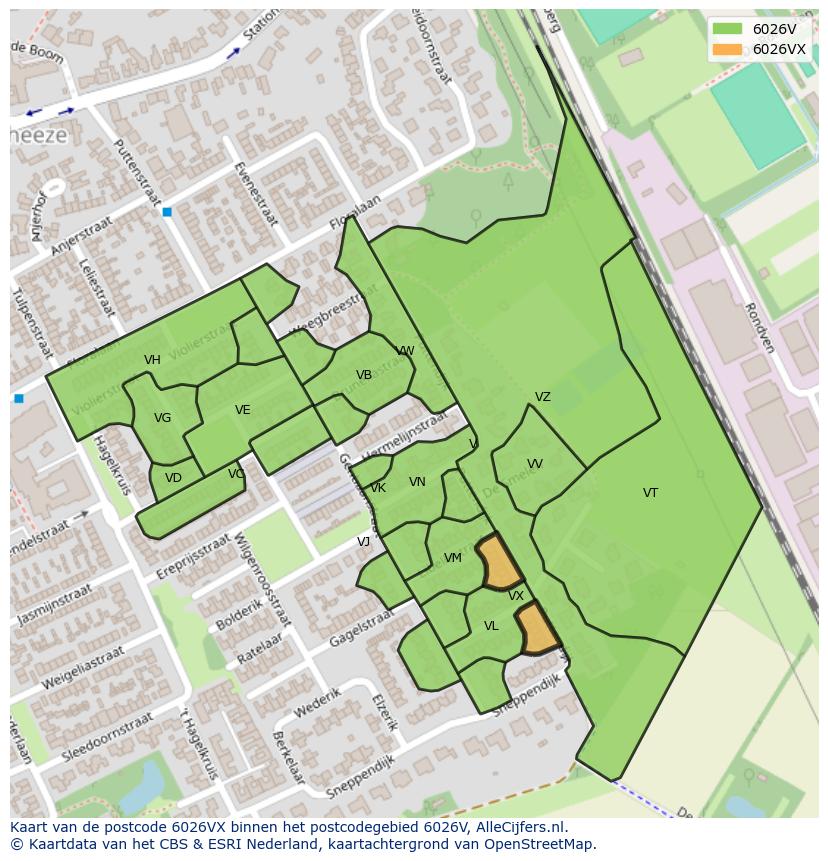 Afbeelding van het postcodegebied 6026 VX op de kaart.