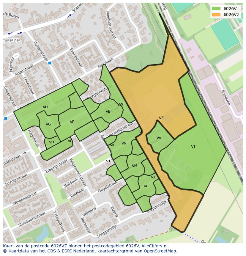 Afbeelding van het postcodegebied 6026 VZ op de kaart.