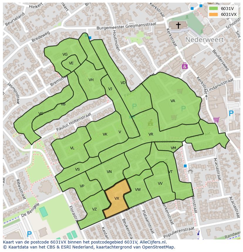 Afbeelding van het postcodegebied 6031 VX op de kaart.