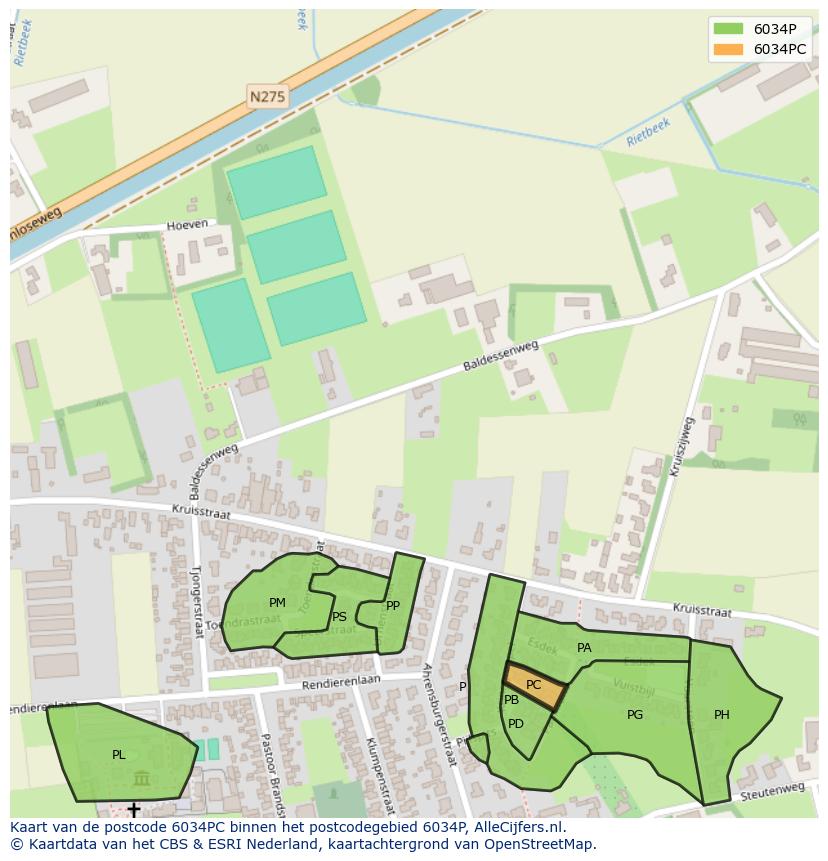 Afbeelding van het postcodegebied 6034 PC op de kaart.