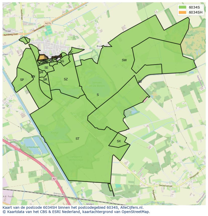 Afbeelding van het postcodegebied 6034 SH op de kaart.