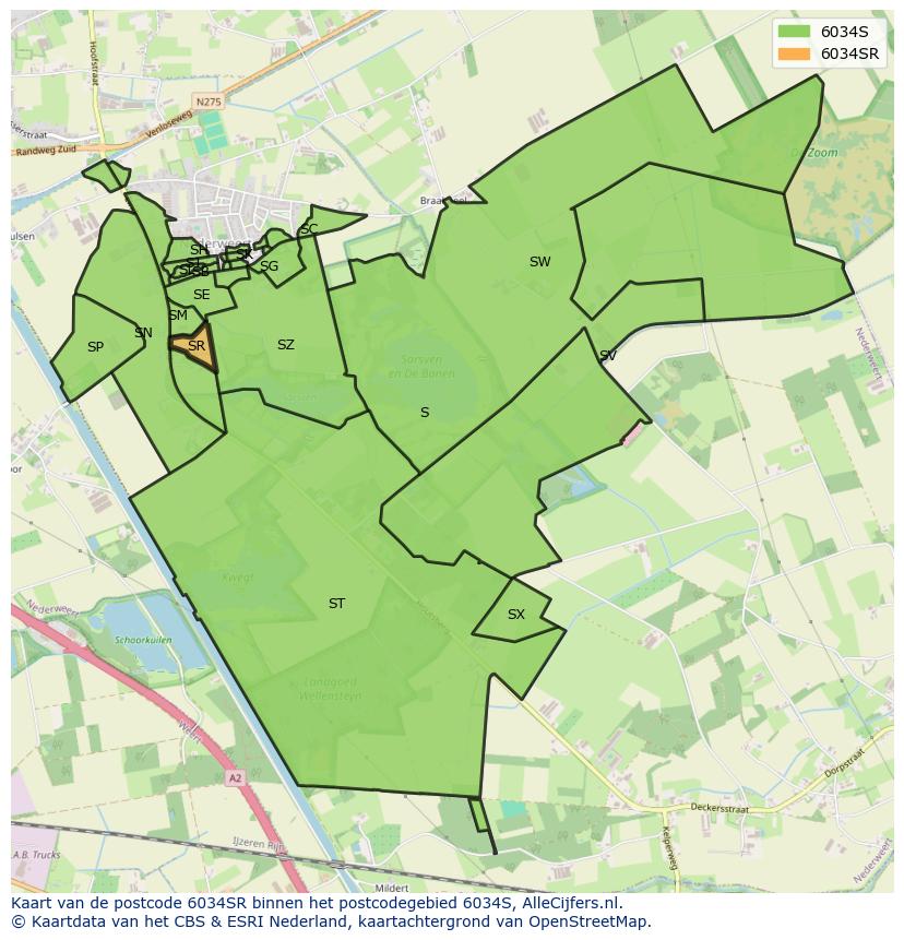 Afbeelding van het postcodegebied 6034 SR op de kaart.