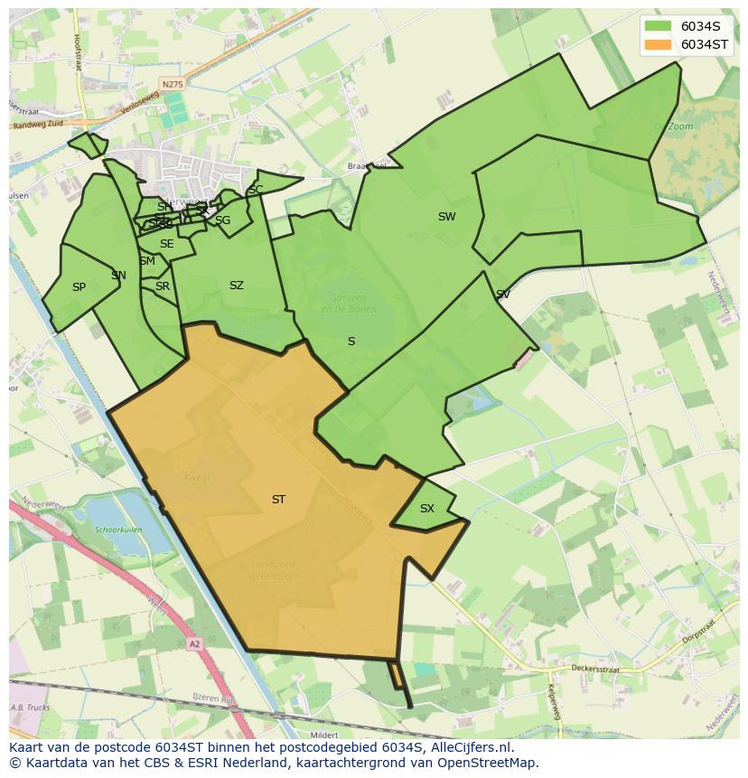 Afbeelding van het postcodegebied 6034 ST op de kaart.