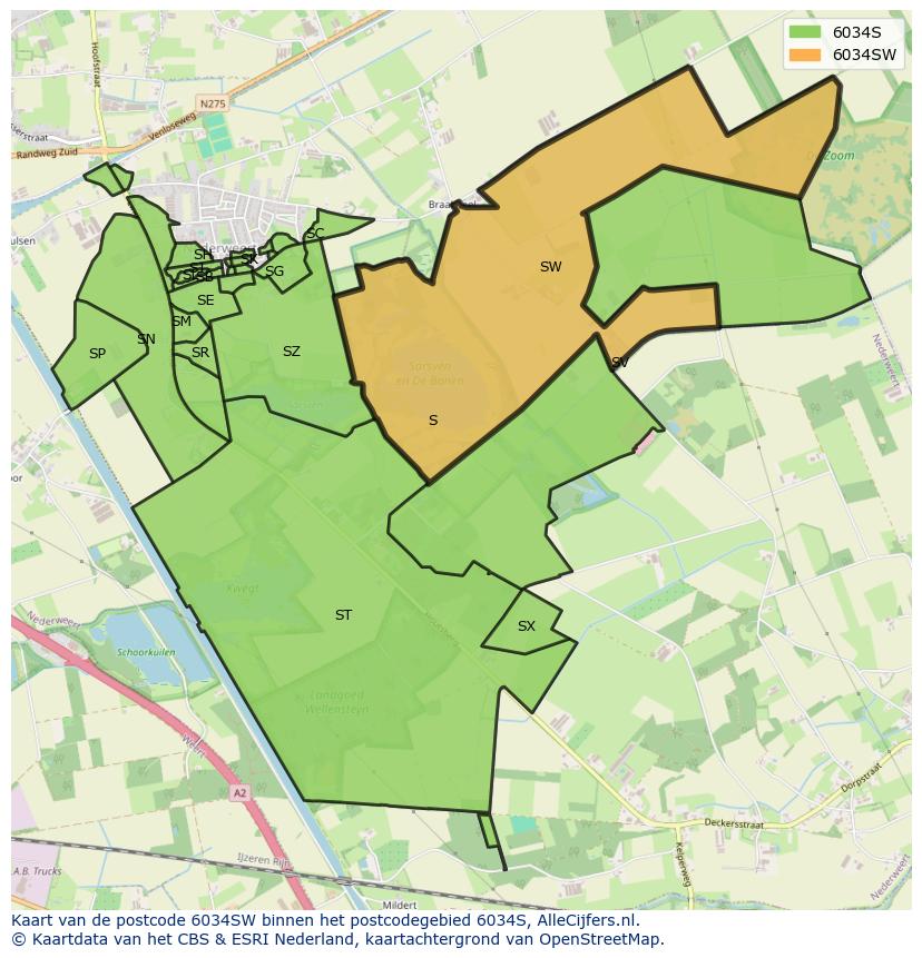 Afbeelding van het postcodegebied 6034 SW op de kaart.