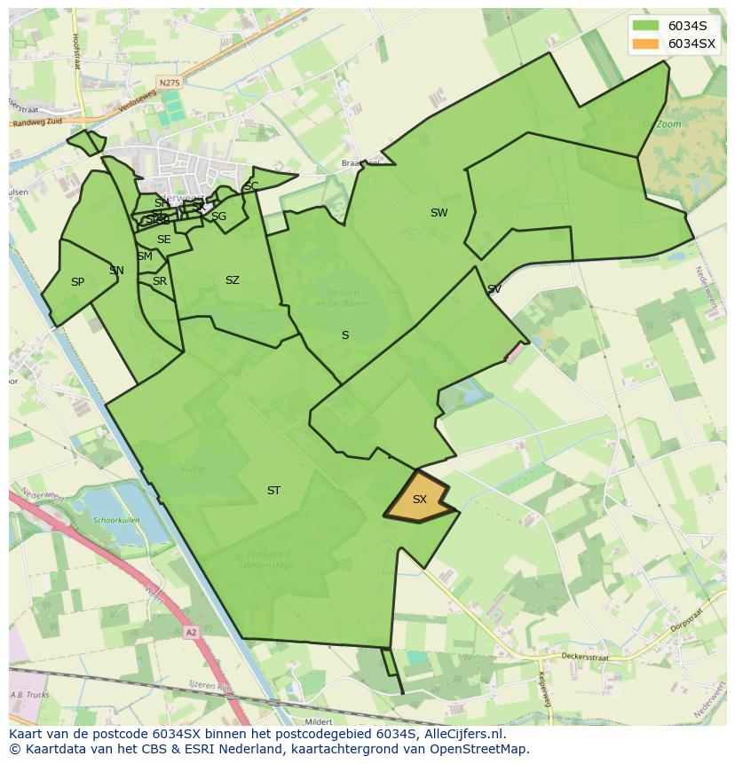 Afbeelding van het postcodegebied 6034 SX op de kaart.