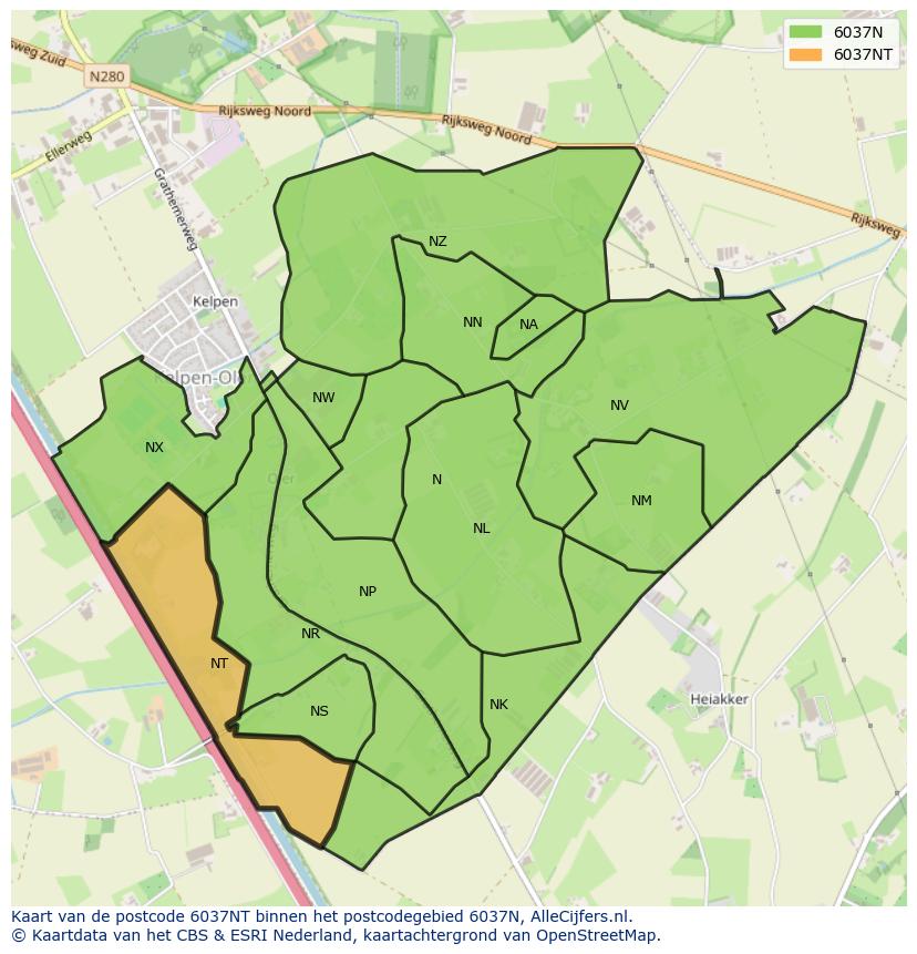 Afbeelding van het postcodegebied 6037 NT op de kaart.