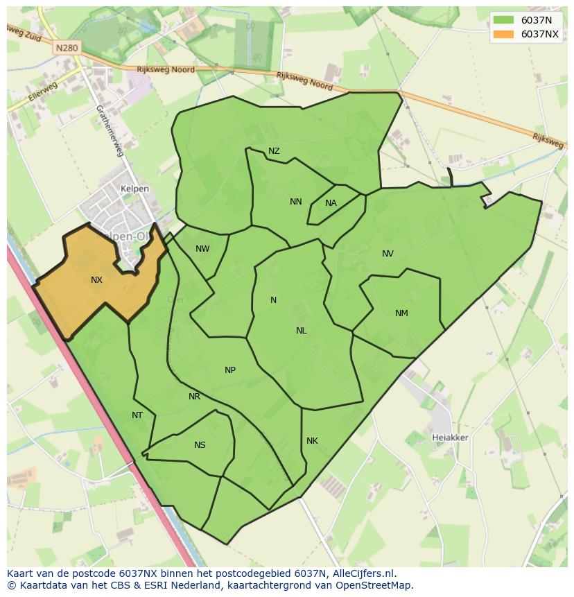Afbeelding van het postcodegebied 6037 NX op de kaart.
