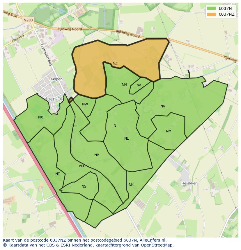 Afbeelding van het postcodegebied 6037 NZ op de kaart.