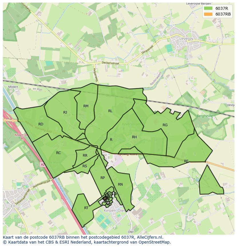 Afbeelding van het postcodegebied 6037 RB op de kaart.