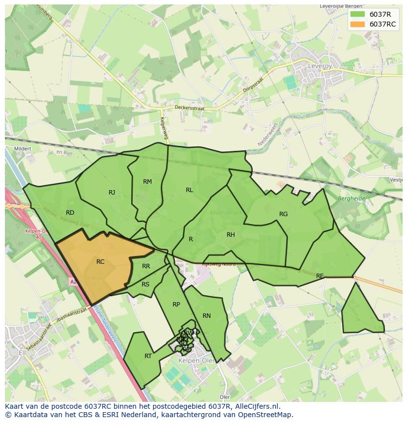 Afbeelding van het postcodegebied 6037 RC op de kaart.