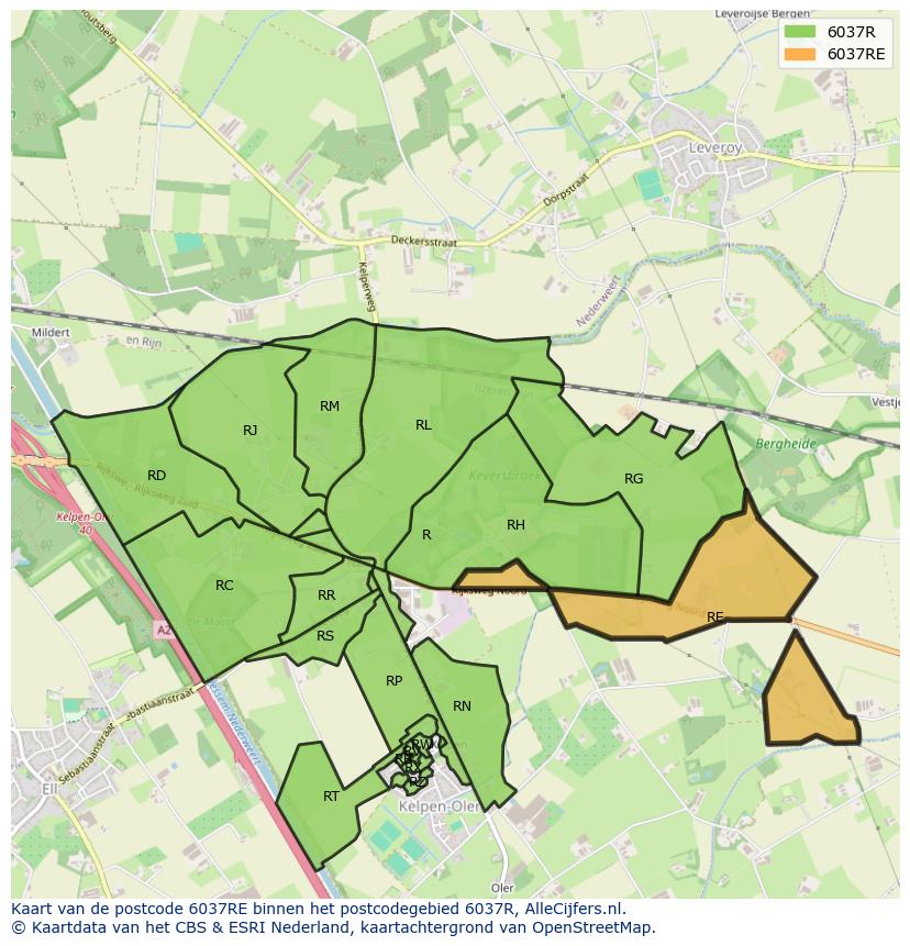 Afbeelding van het postcodegebied 6037 RE op de kaart.
