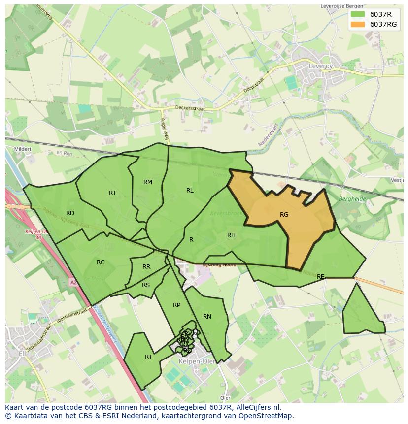 Afbeelding van het postcodegebied 6037 RG op de kaart.