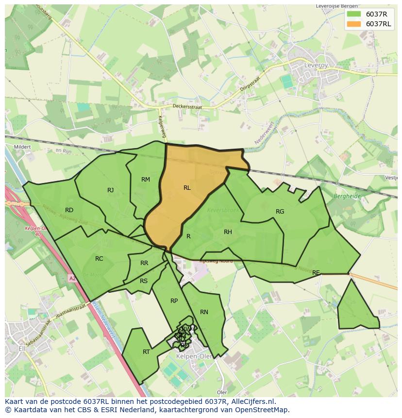 Afbeelding van het postcodegebied 6037 RL op de kaart.