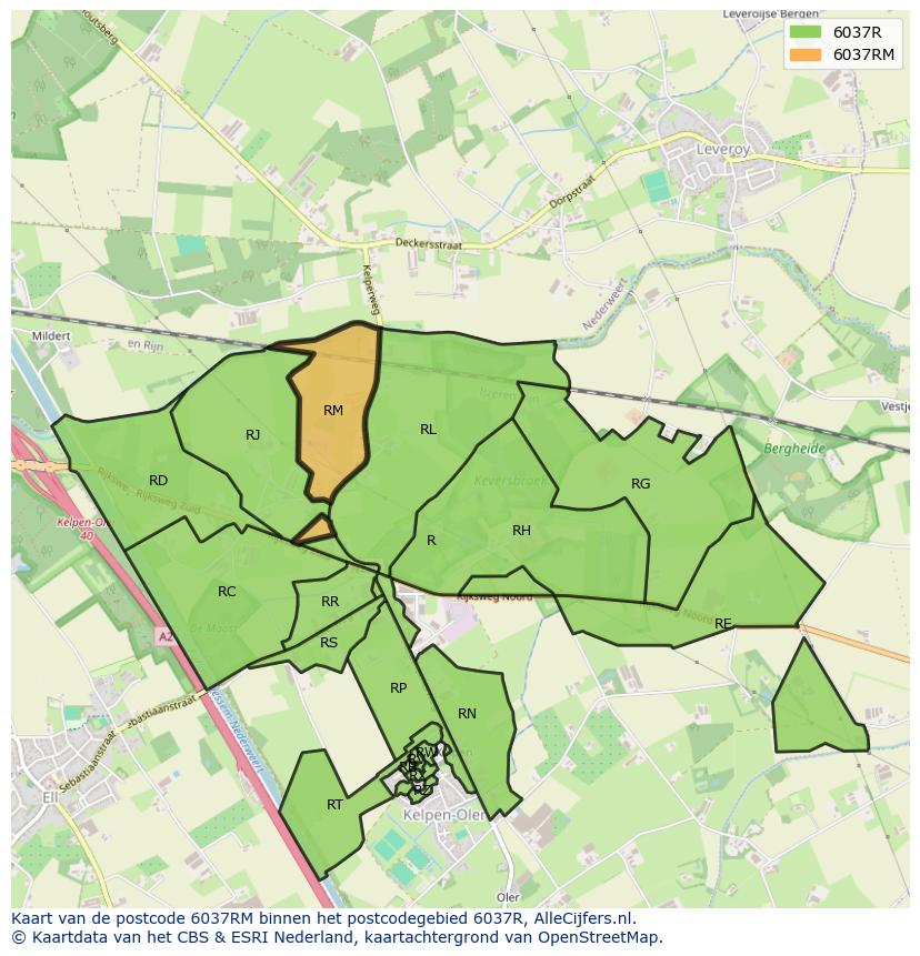 Afbeelding van het postcodegebied 6037 RM op de kaart.
