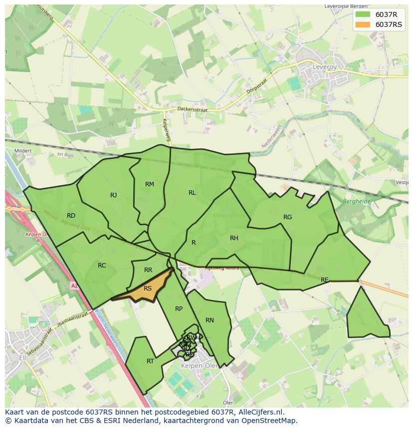 Afbeelding van het postcodegebied 6037 RS op de kaart.