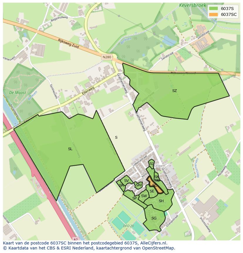 Afbeelding van het postcodegebied 6037 SC op de kaart.