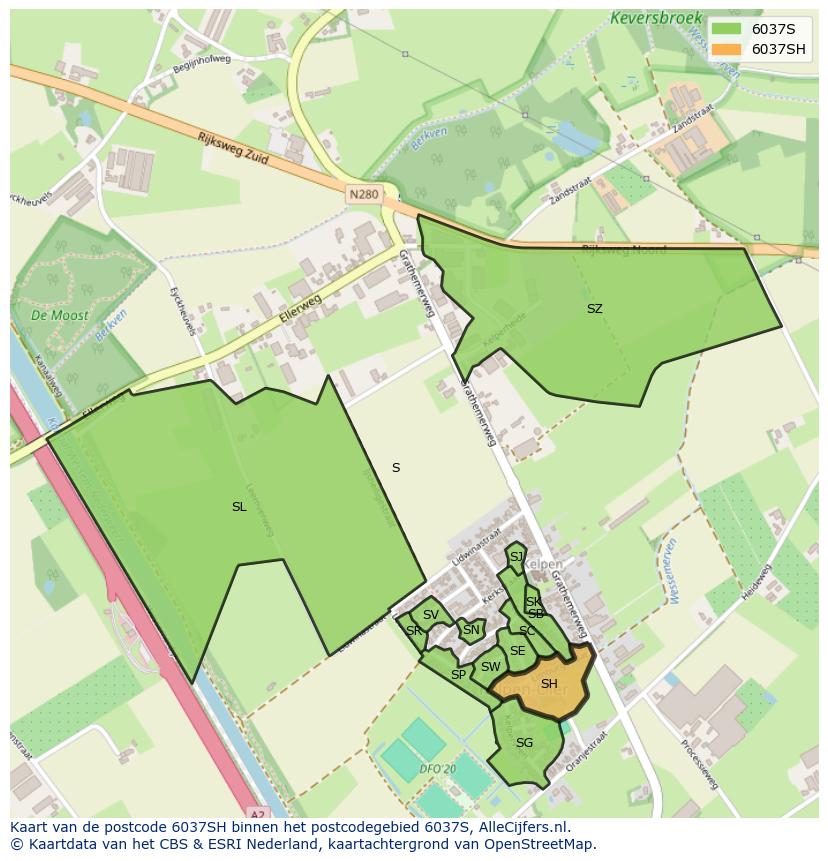 Afbeelding van het postcodegebied 6037 SH op de kaart.