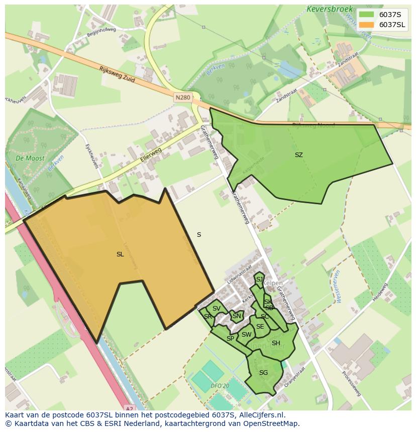 Afbeelding van het postcodegebied 6037 SL op de kaart.