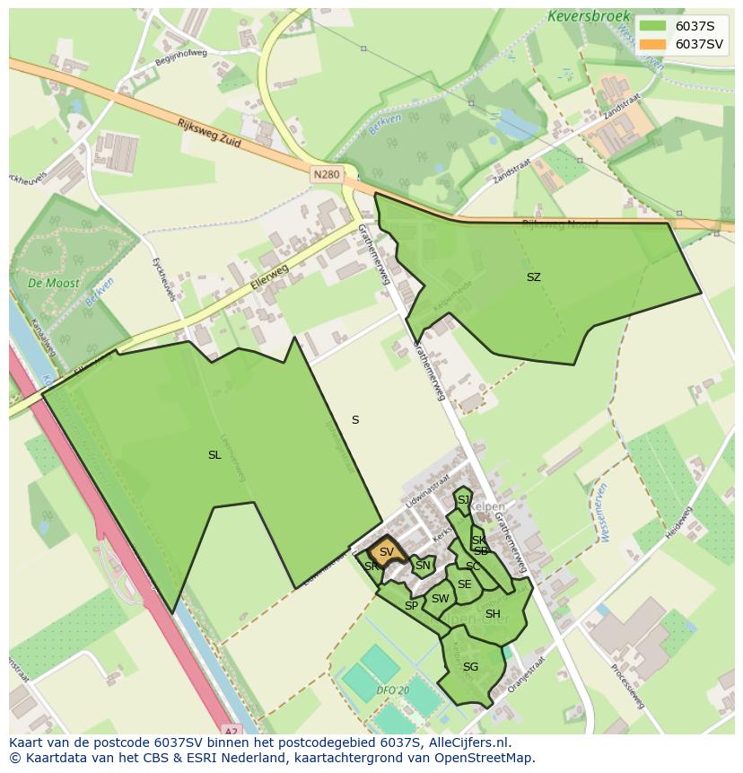 Afbeelding van het postcodegebied 6037 SV op de kaart.