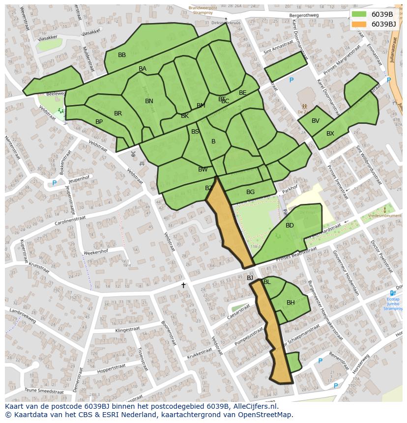 Afbeelding van het postcodegebied 6039 BJ op de kaart.