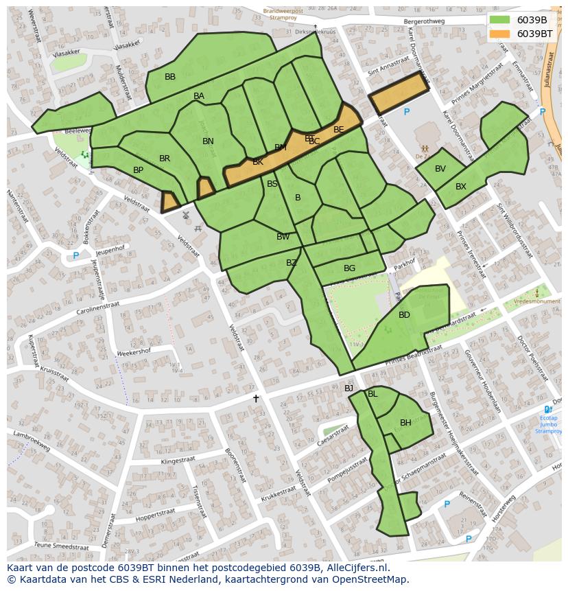 Afbeelding van het postcodegebied 6039 BT op de kaart.