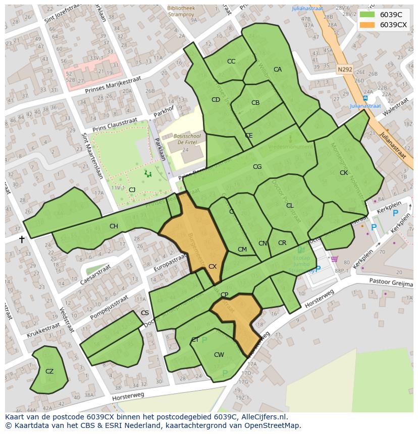 Afbeelding van het postcodegebied 6039 CX op de kaart.