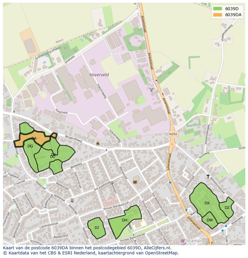 Afbeelding van het postcodegebied 6039 DA op de kaart.