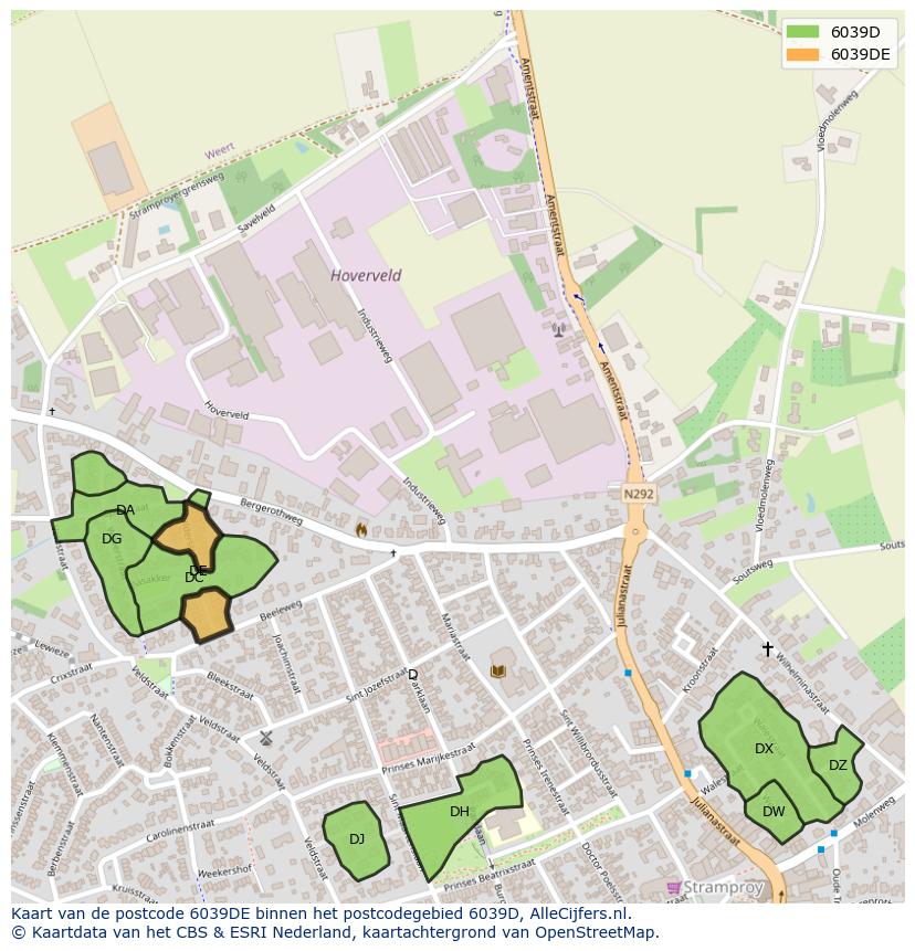 Afbeelding van het postcodegebied 6039 DE op de kaart.