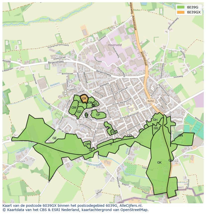 Afbeelding van het postcodegebied 6039 GX op de kaart.