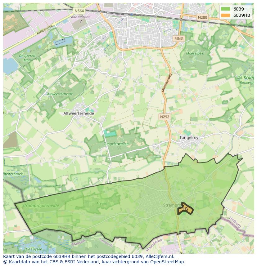 Afbeelding van het postcodegebied 6039 HB op de kaart.