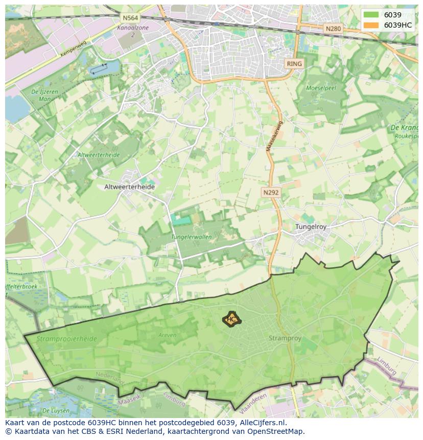 Afbeelding van het postcodegebied 6039 HC op de kaart.