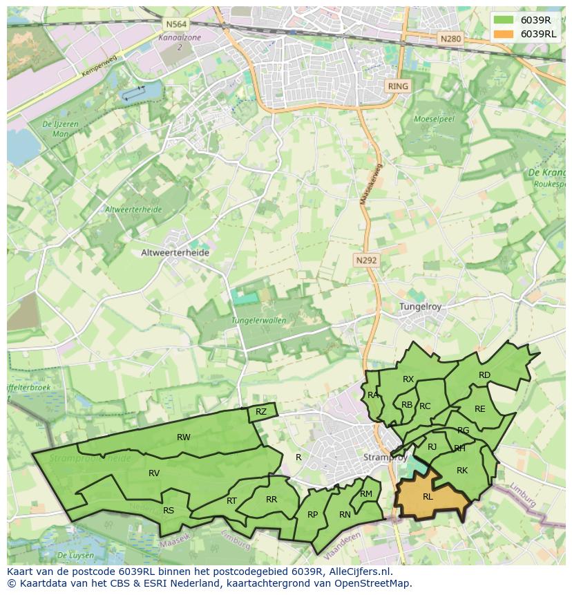 Afbeelding van het postcodegebied 6039 RL op de kaart.