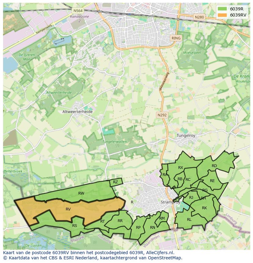 Afbeelding van het postcodegebied 6039 RV op de kaart.