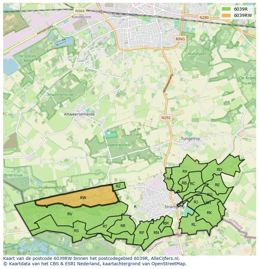 Afbeelding van het postcodegebied 6039 RW op de kaart.