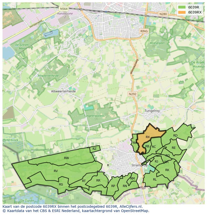 Afbeelding van het postcodegebied 6039 RX op de kaart.