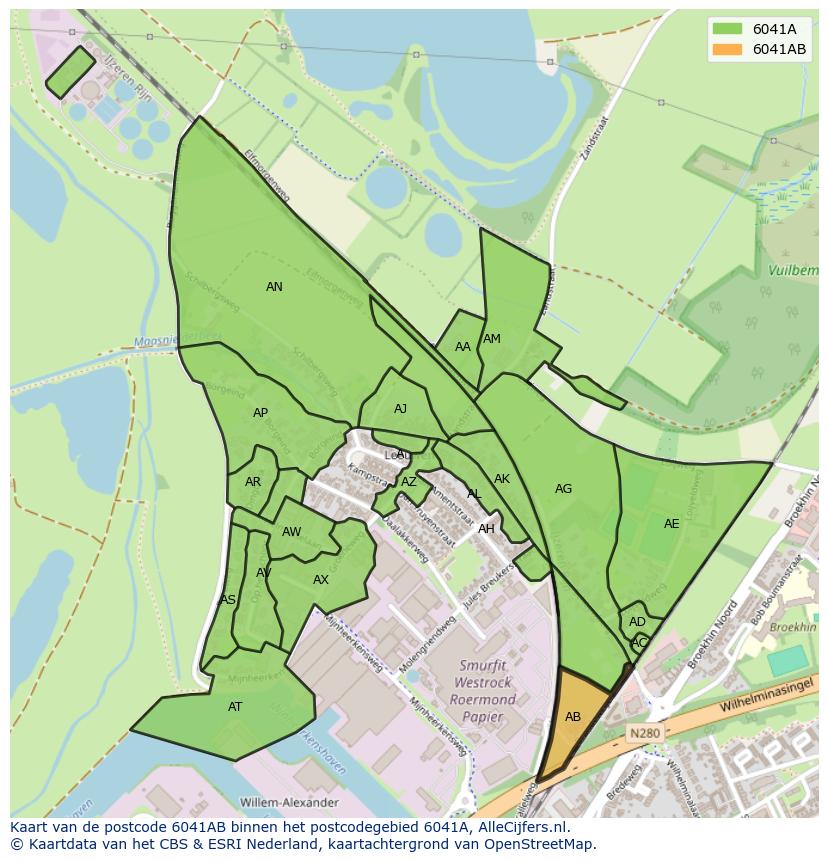 Afbeelding van het postcodegebied 6041 AB op de kaart.